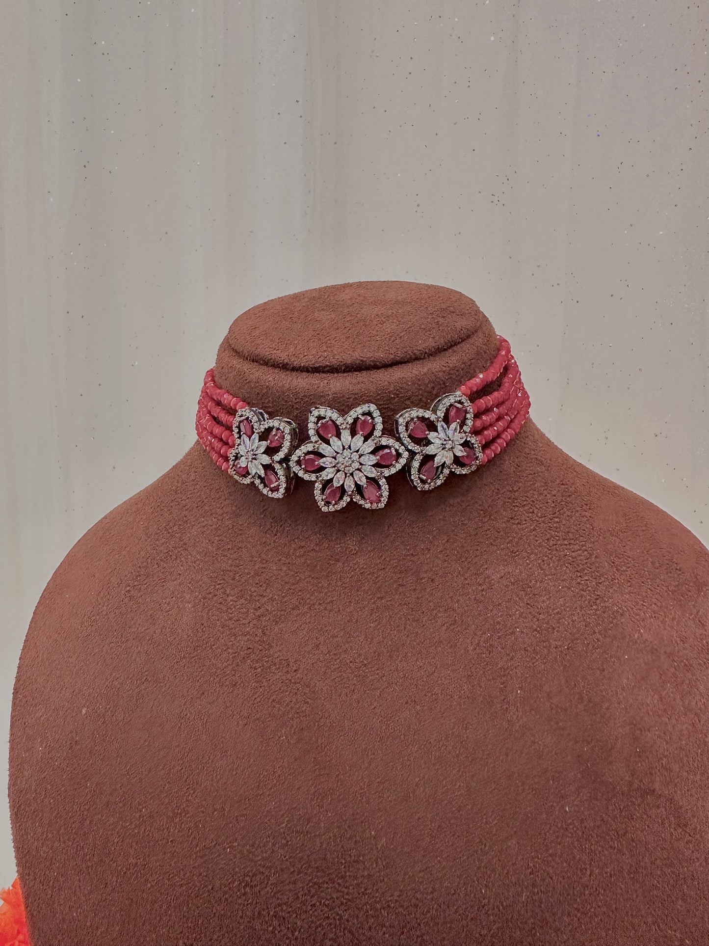 Maroon crystal silver choker set