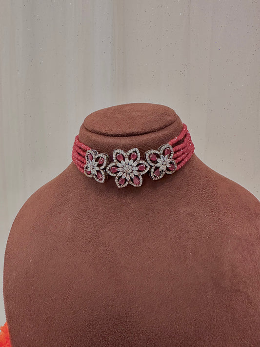 Maroon crystal silver choker set
