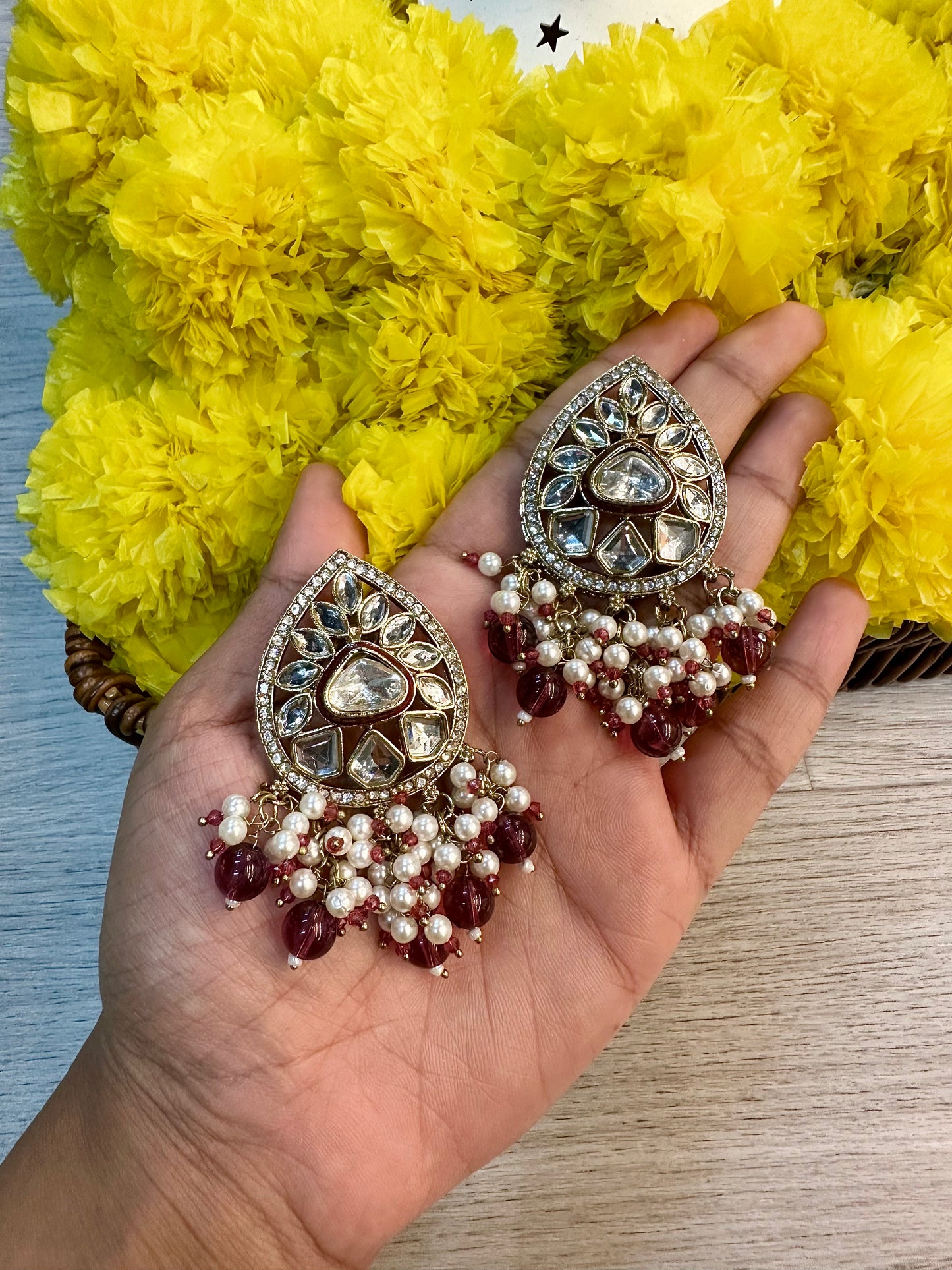 Maroon white stones earrings