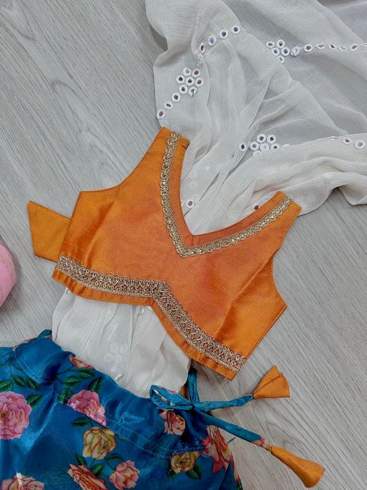 Teal blue x orange floral lehenga