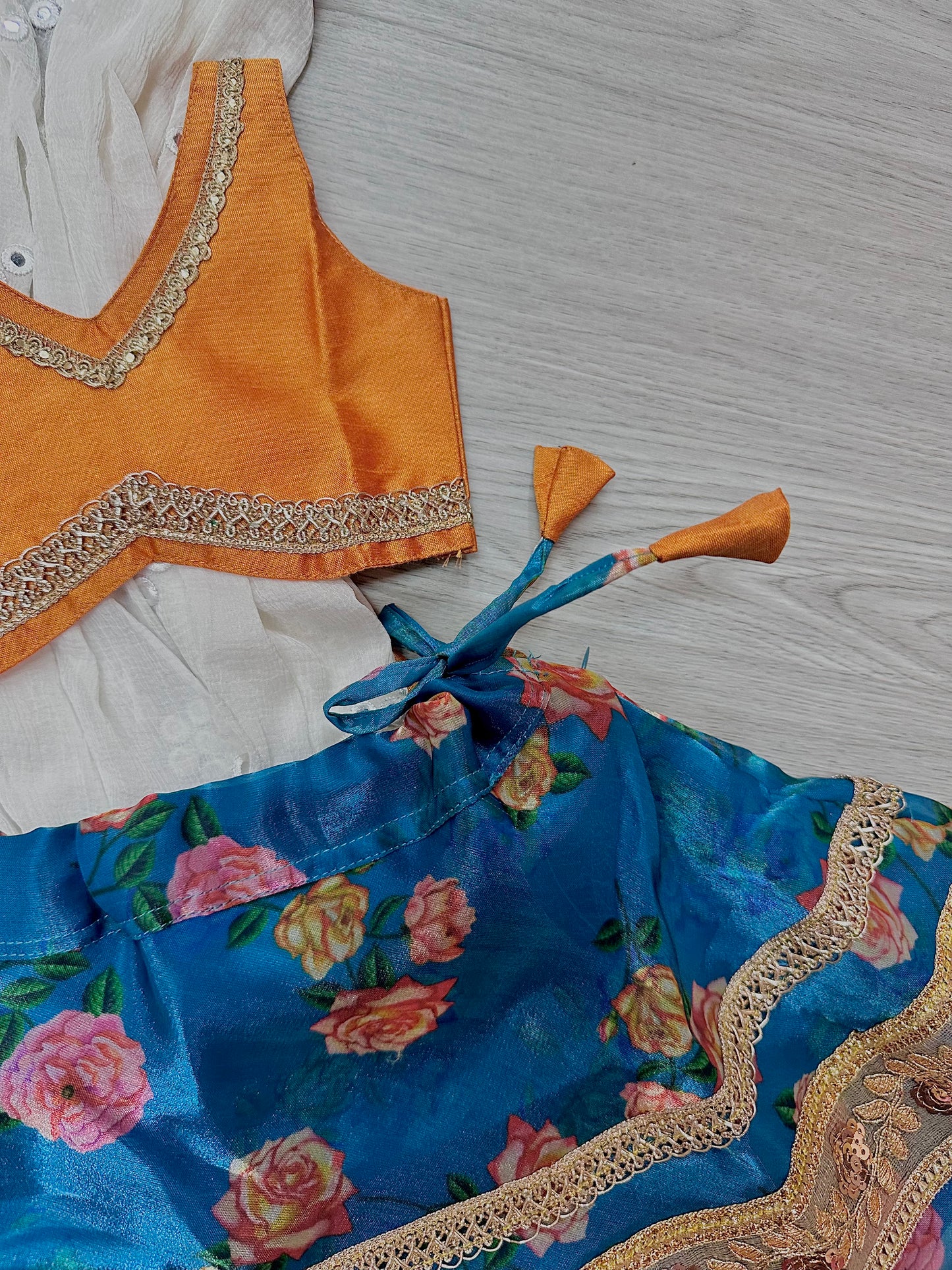 Teal blue x orange floral lehenga