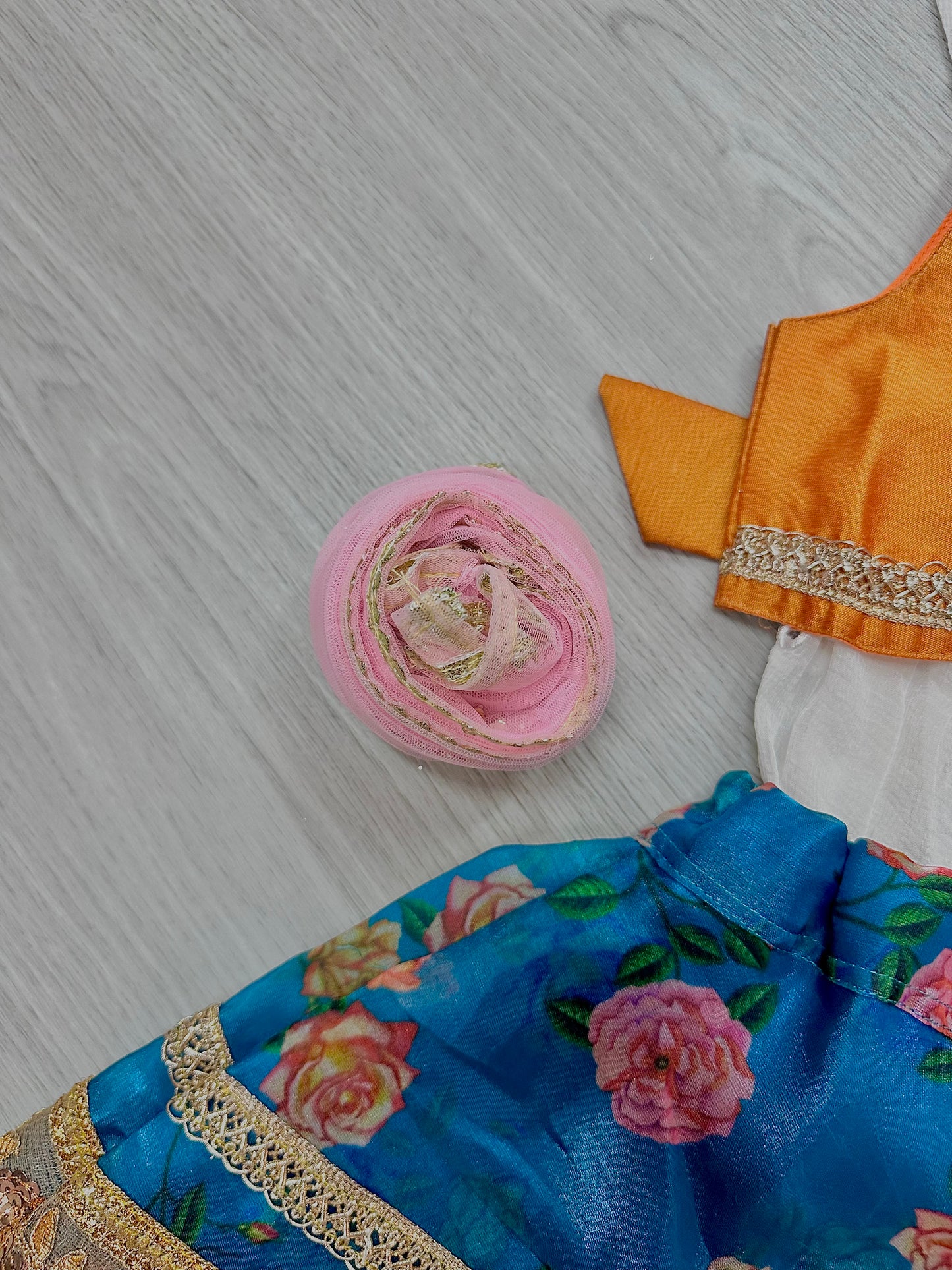 Teal blue x orange floral lehenga