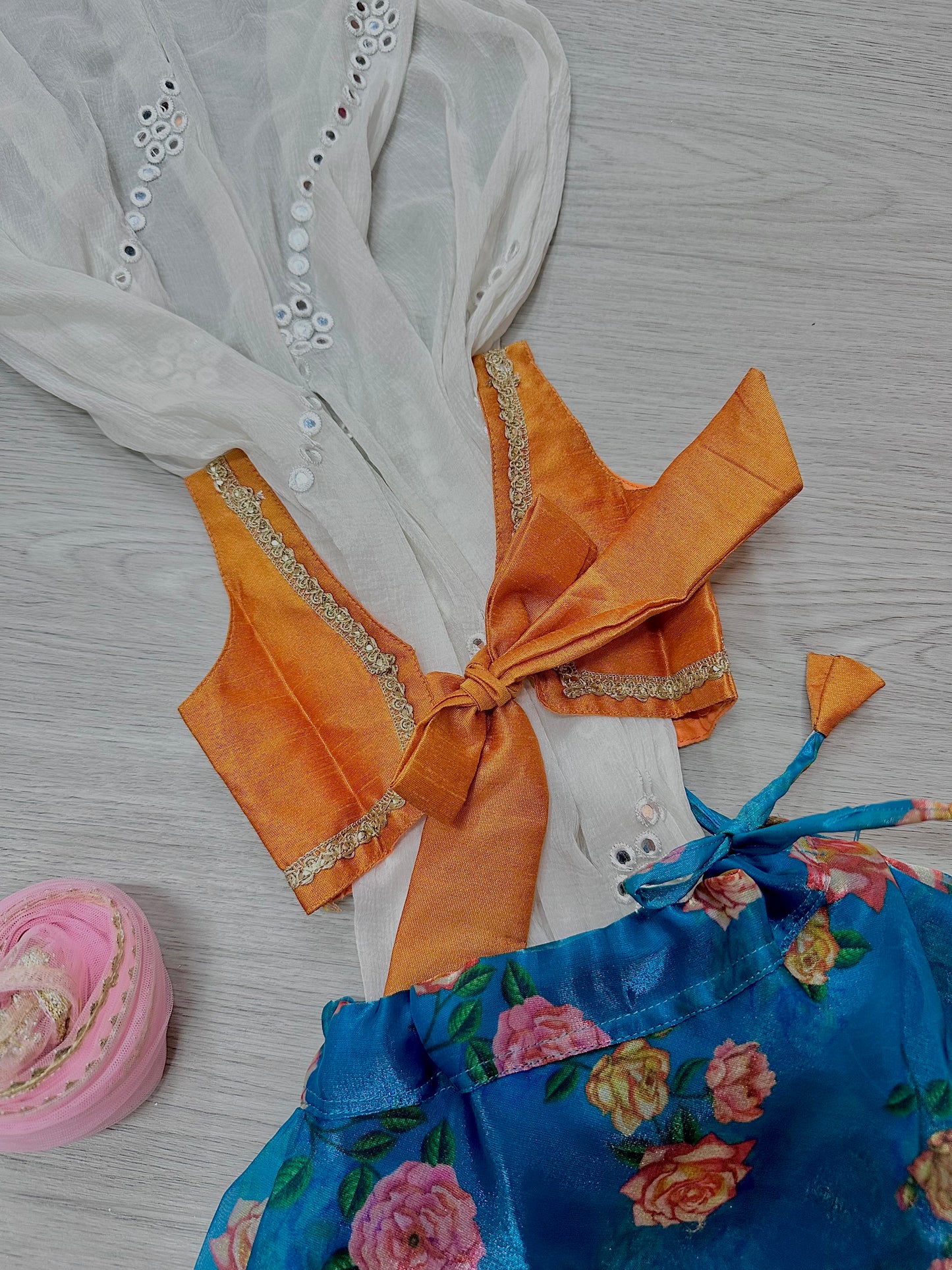 Teal blue x orange floral lehenga