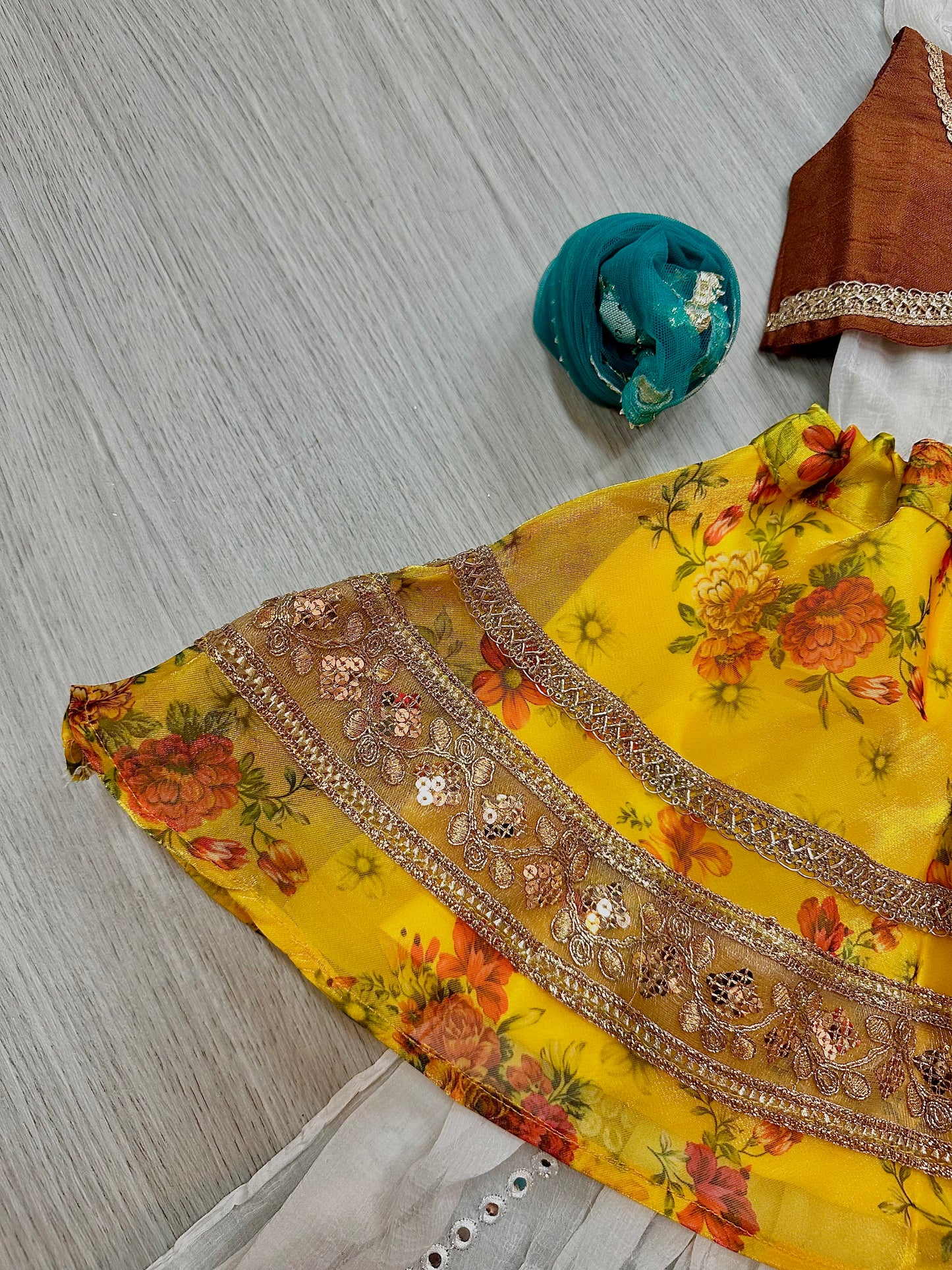 Rustic brown x yellow floral lehenga