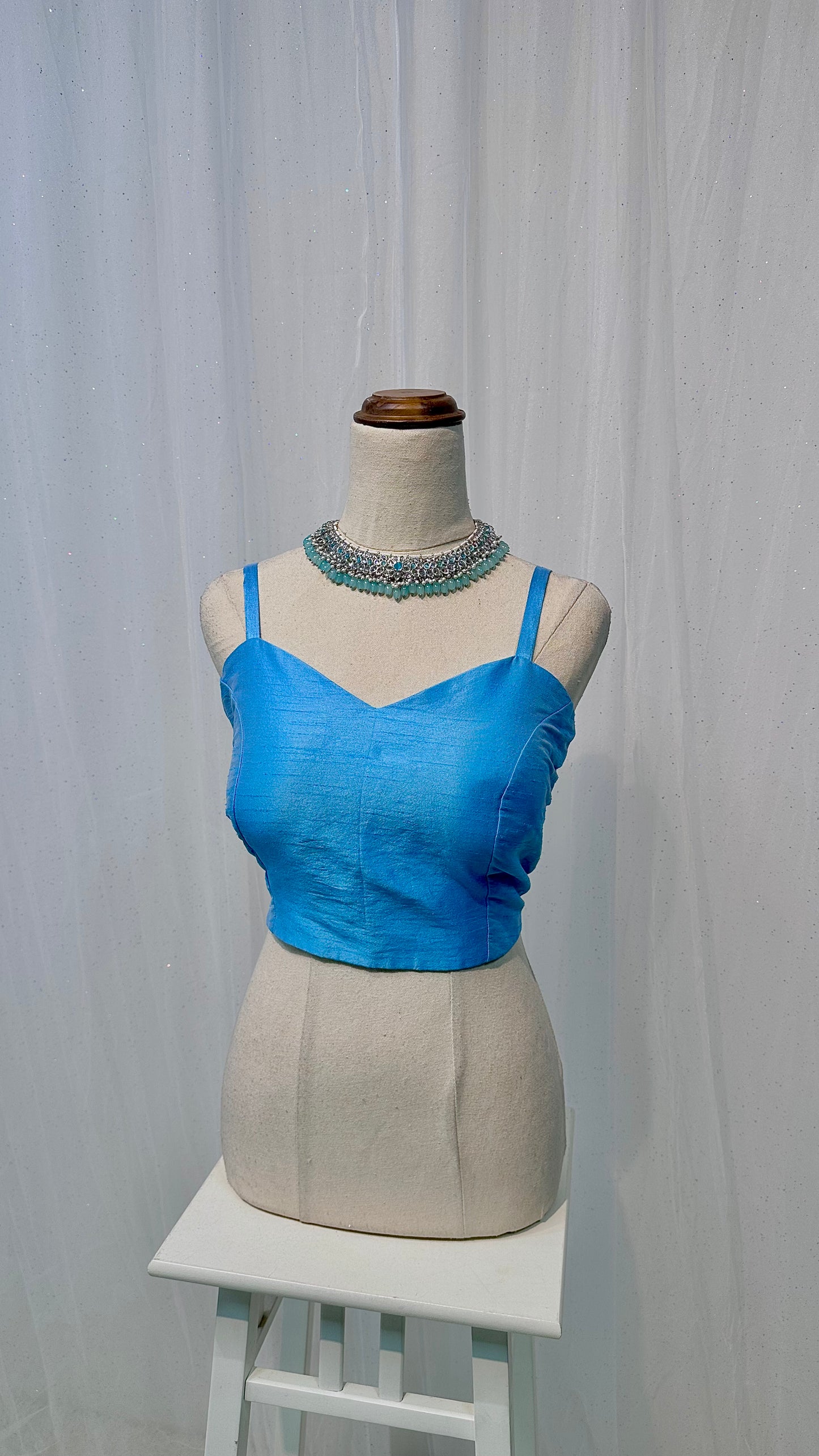 Plain blue silk spaghetti blouse