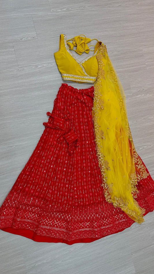 Yellow x red lehenga