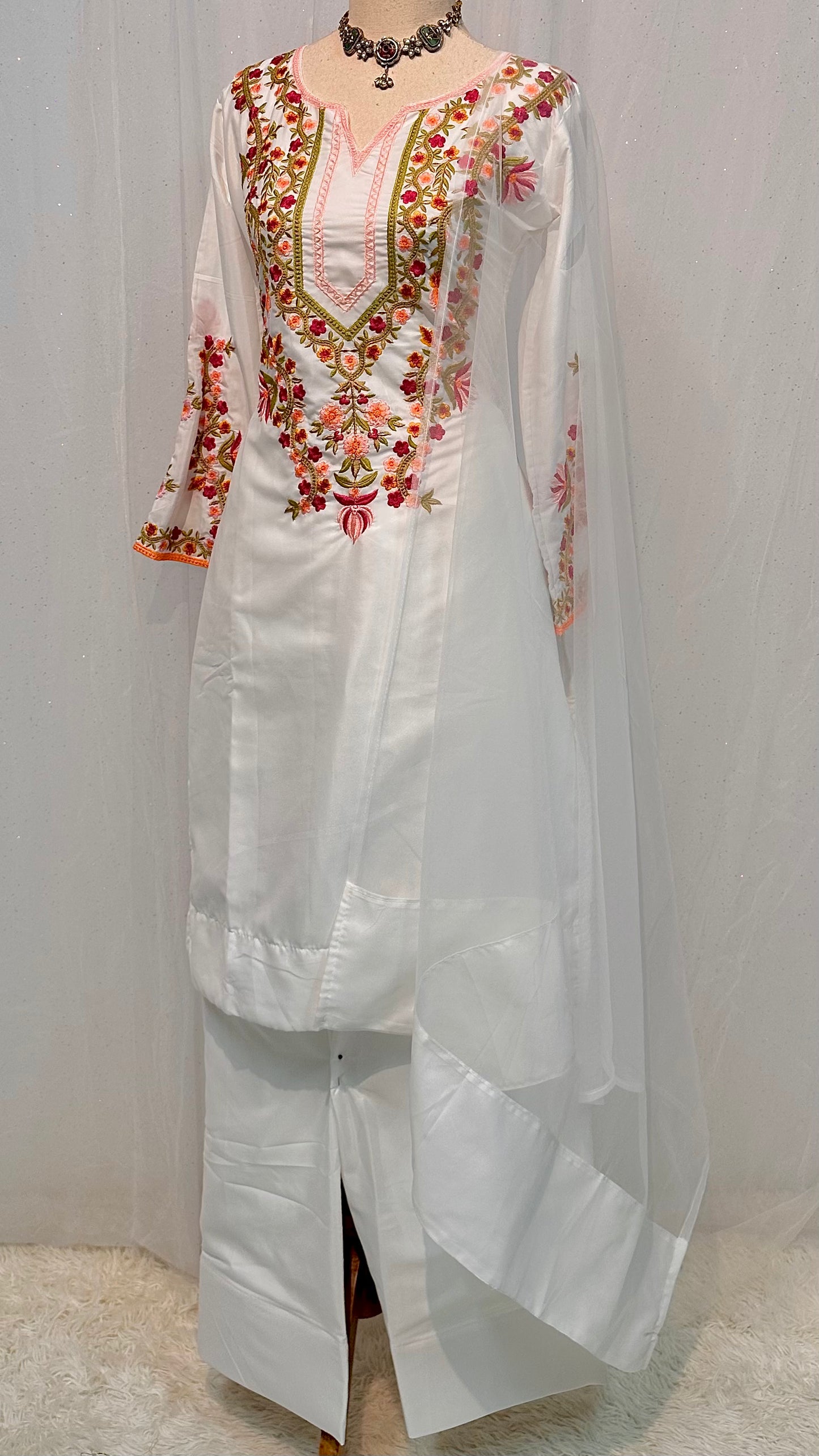 White multicolor chikan work kurti