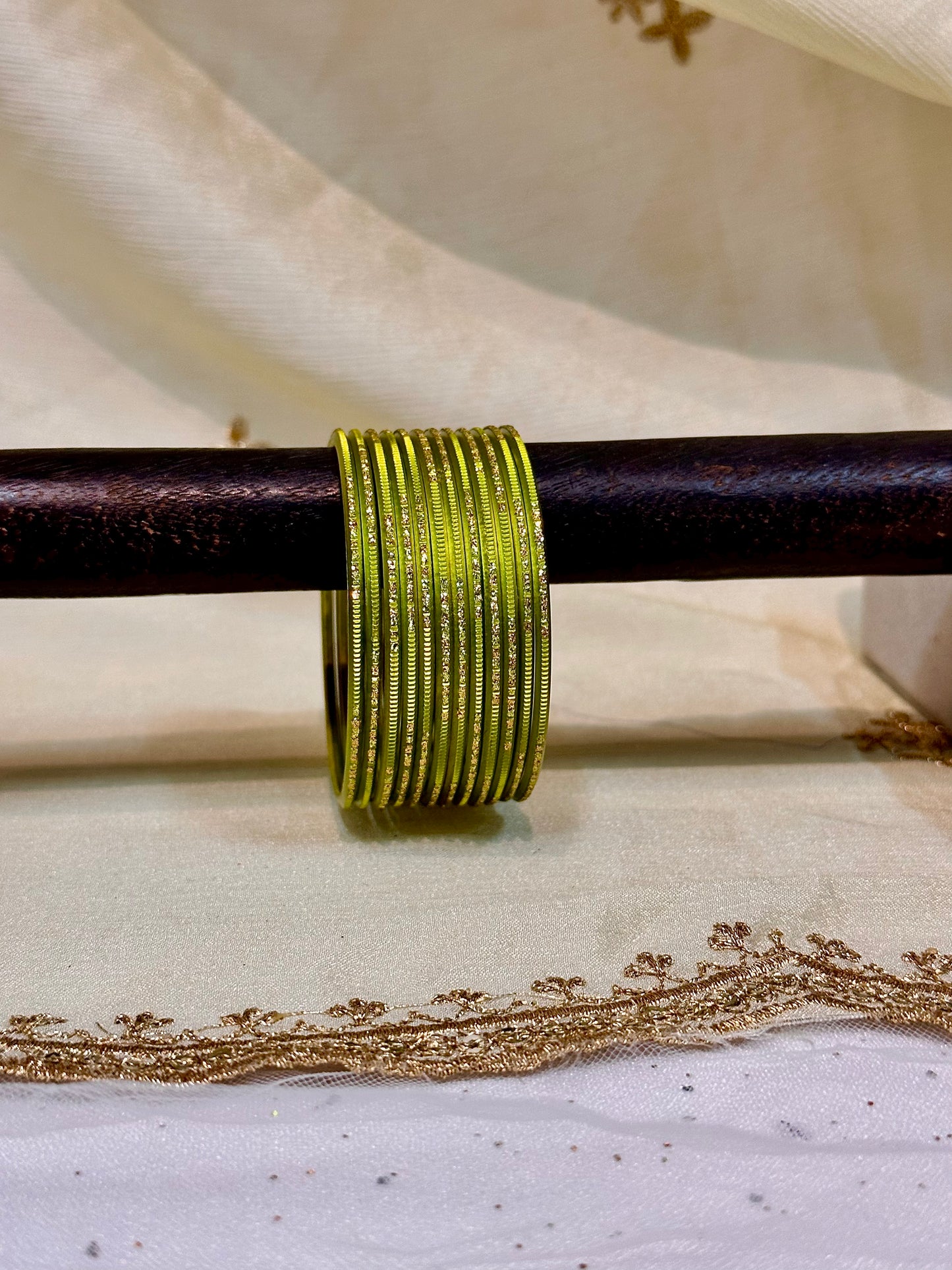 2.4 chartreuse green shimmer metallic bangles