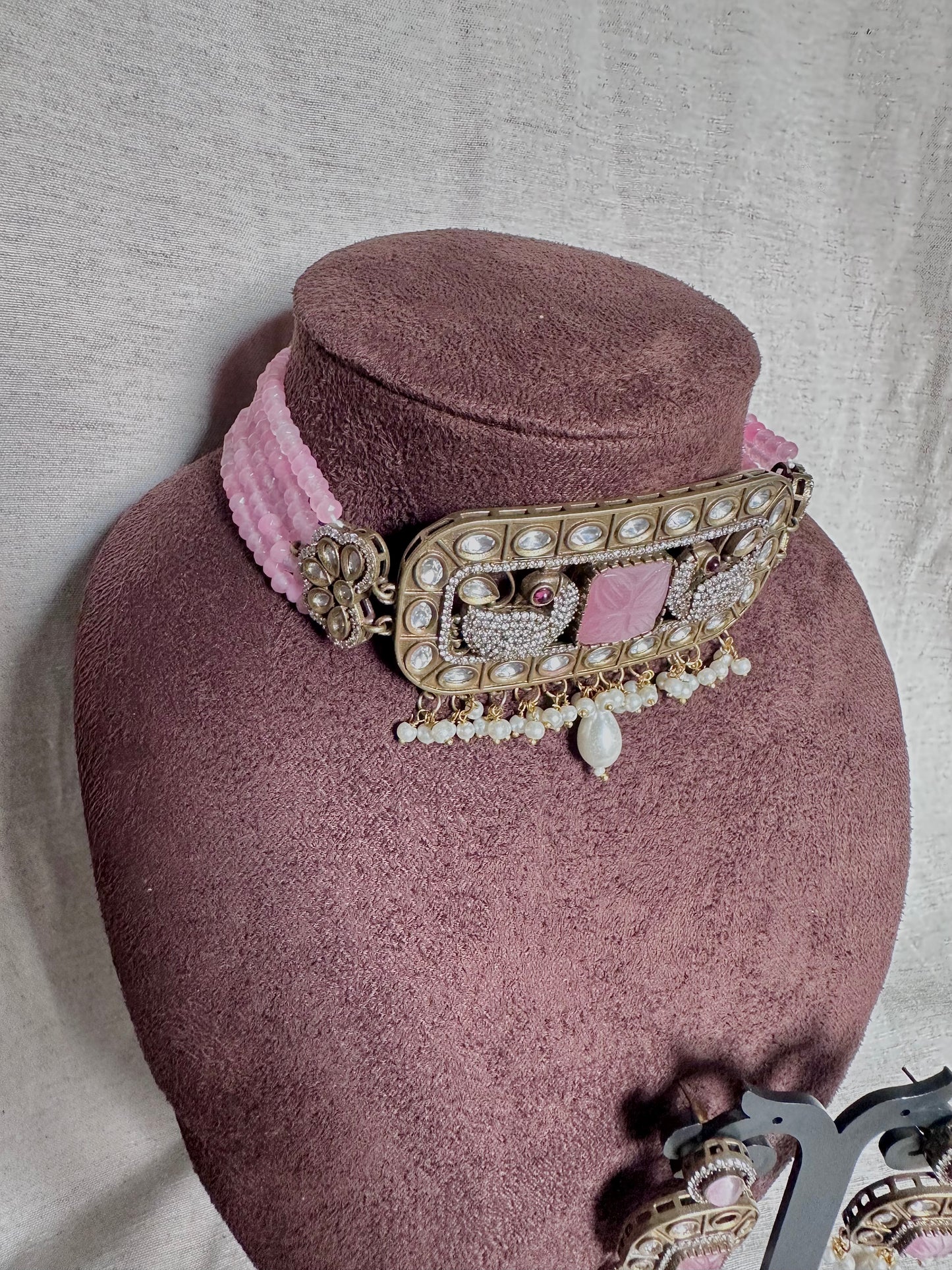 Pink peacock choker set