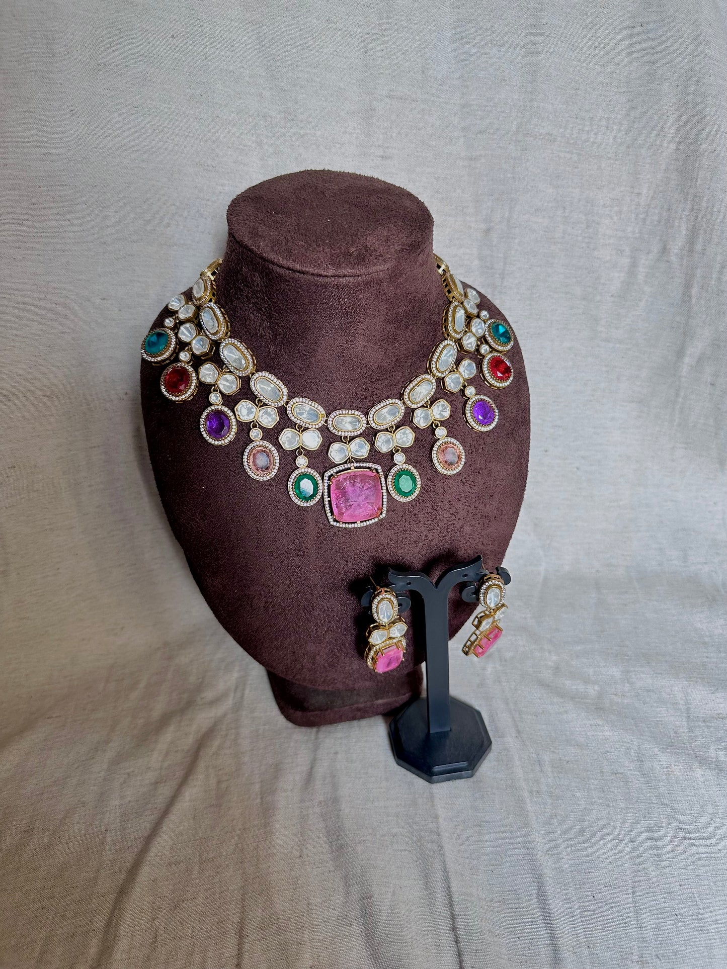 Premium pink pendant kundan multicolor choker set