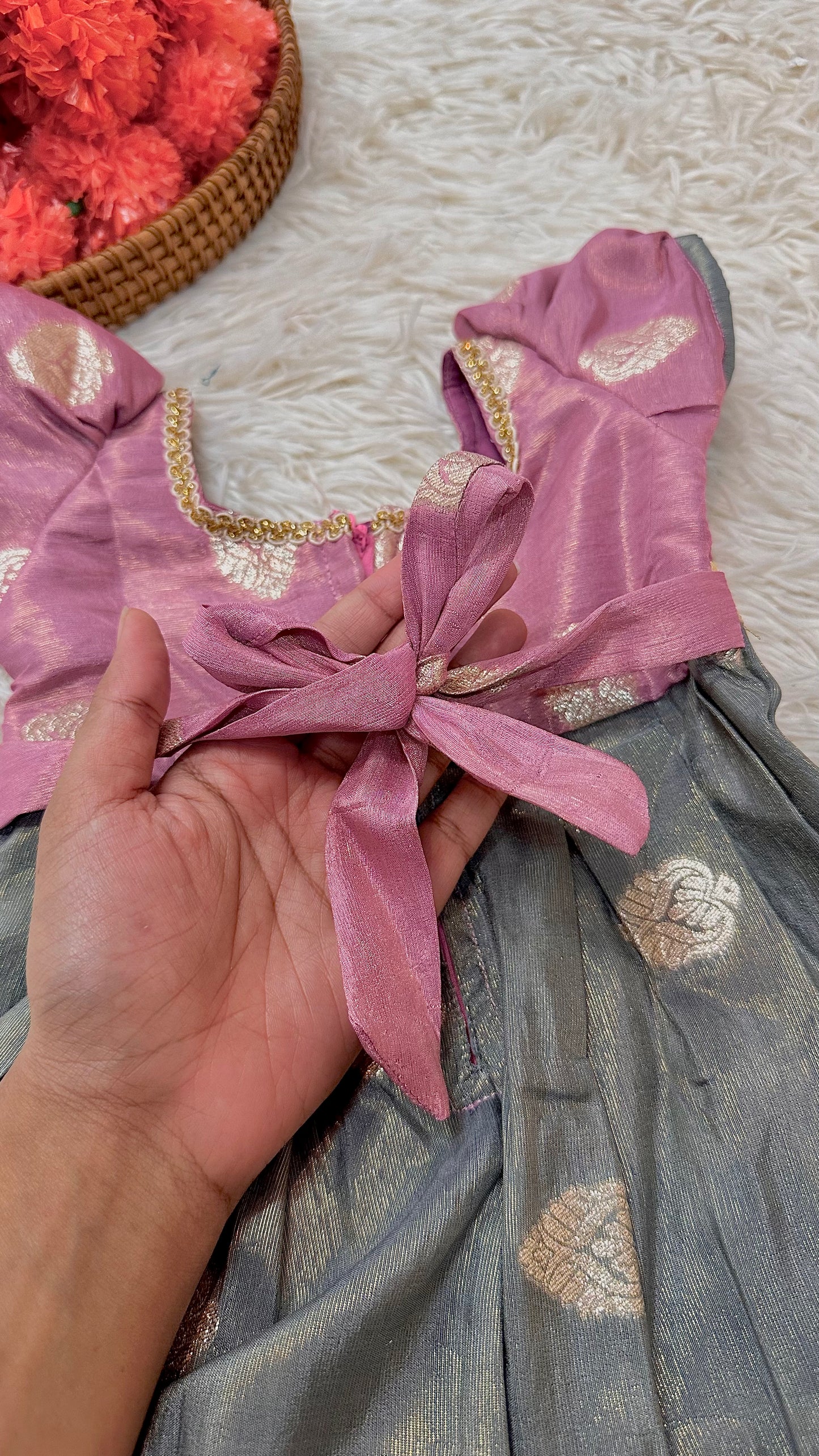 Banaras pink puff sleeve dress