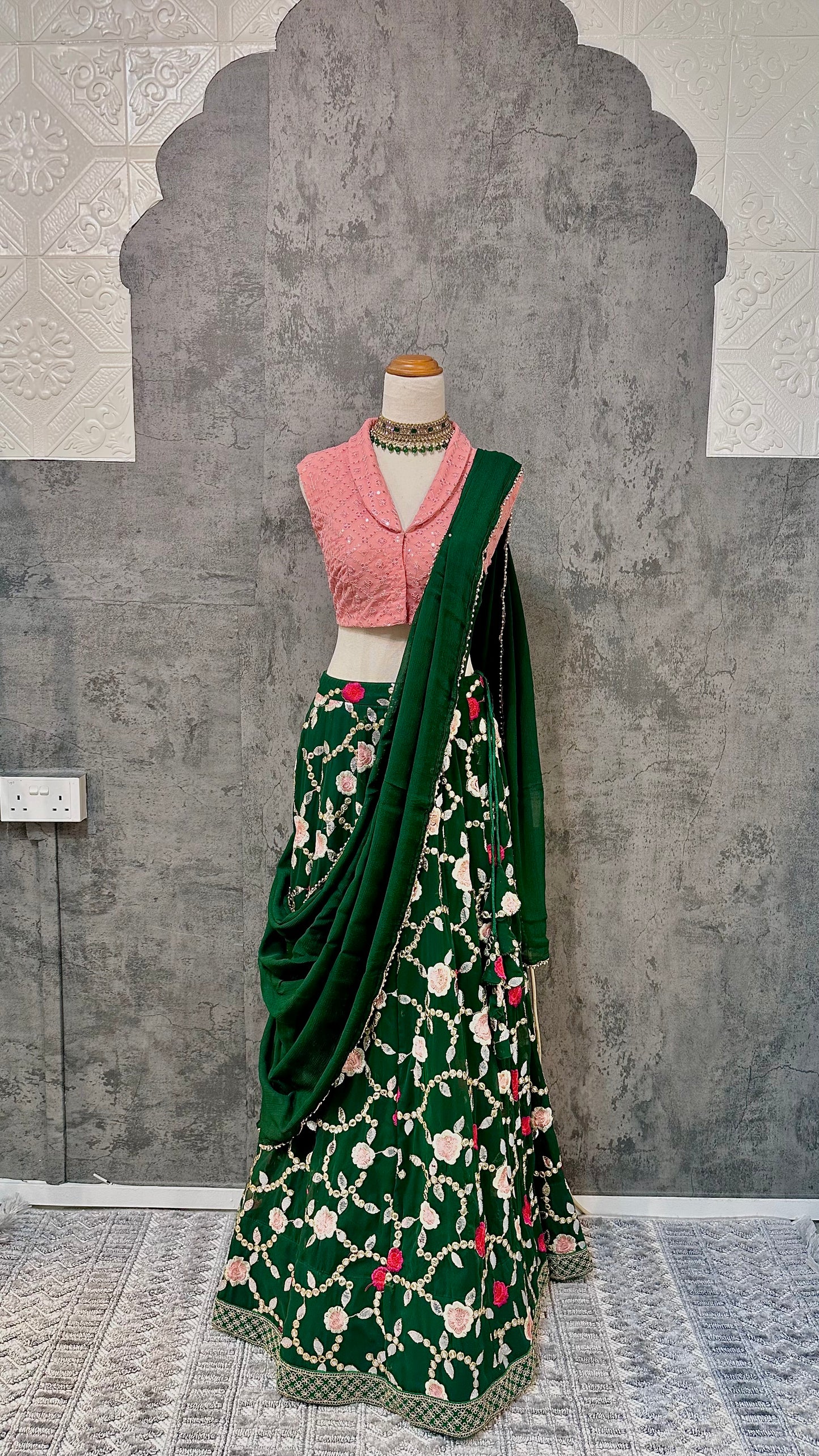 Peach x emerald lehenga
