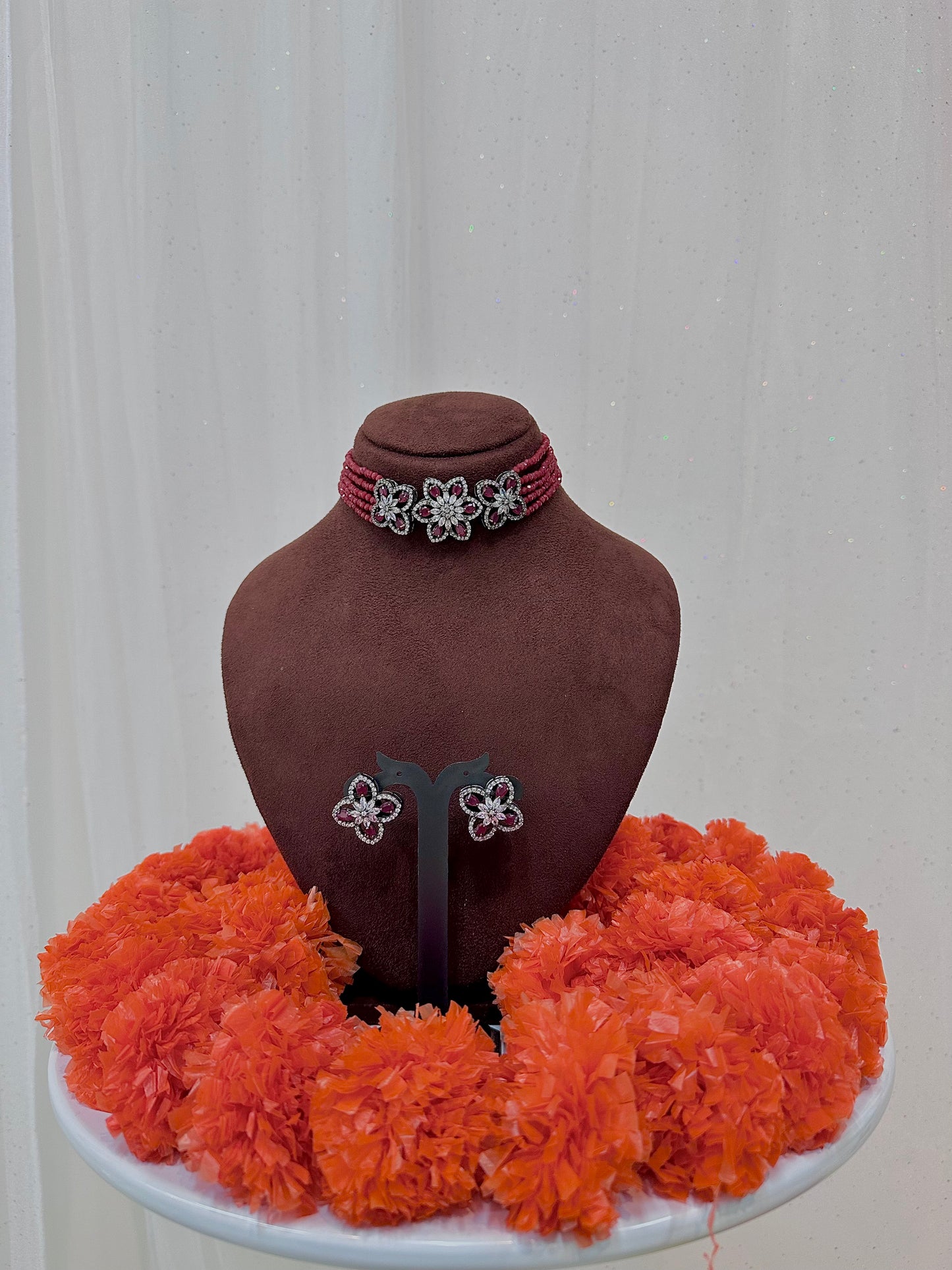 Maroon crystal silver choker set