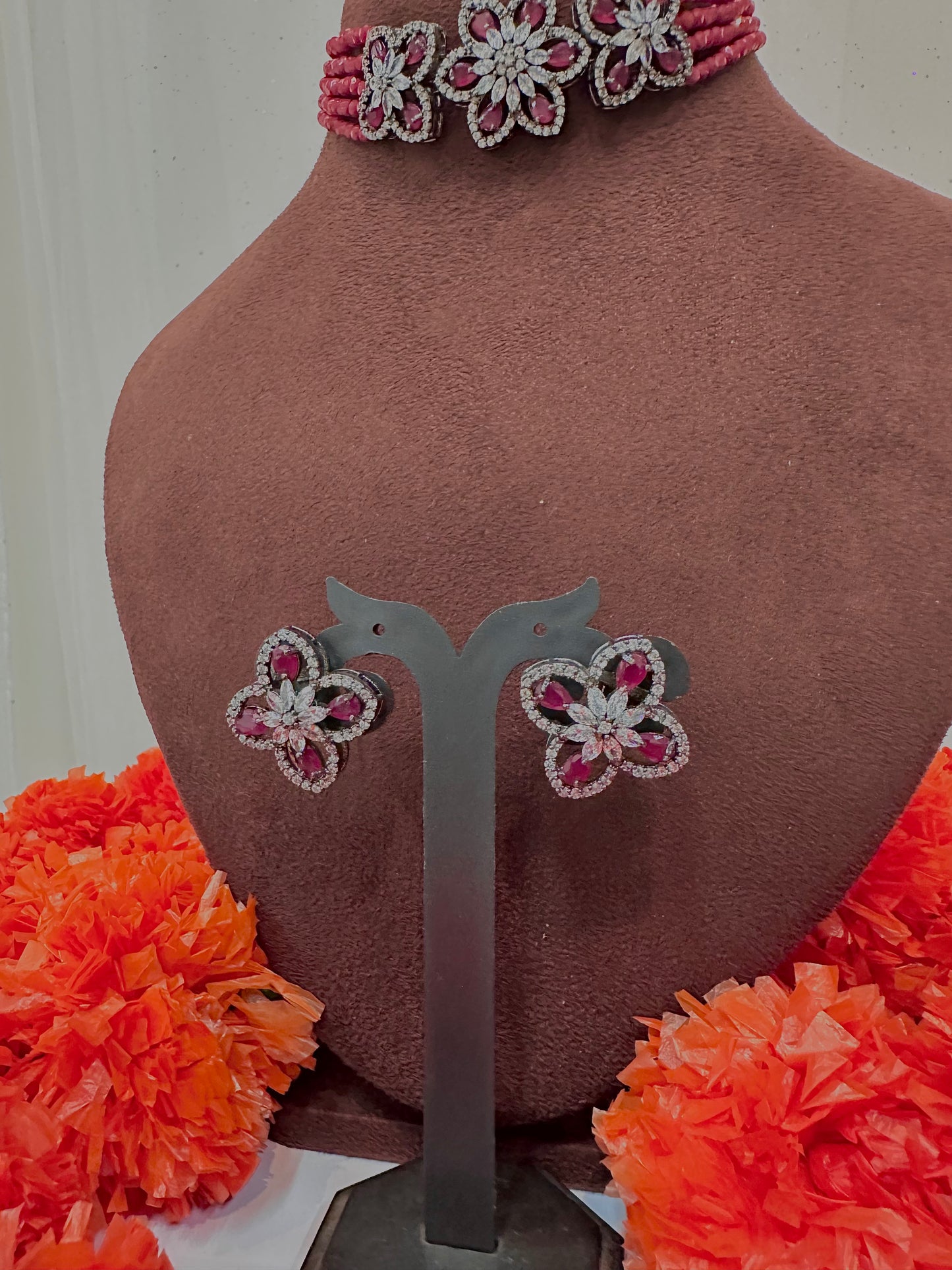 Maroon crystal silver choker set