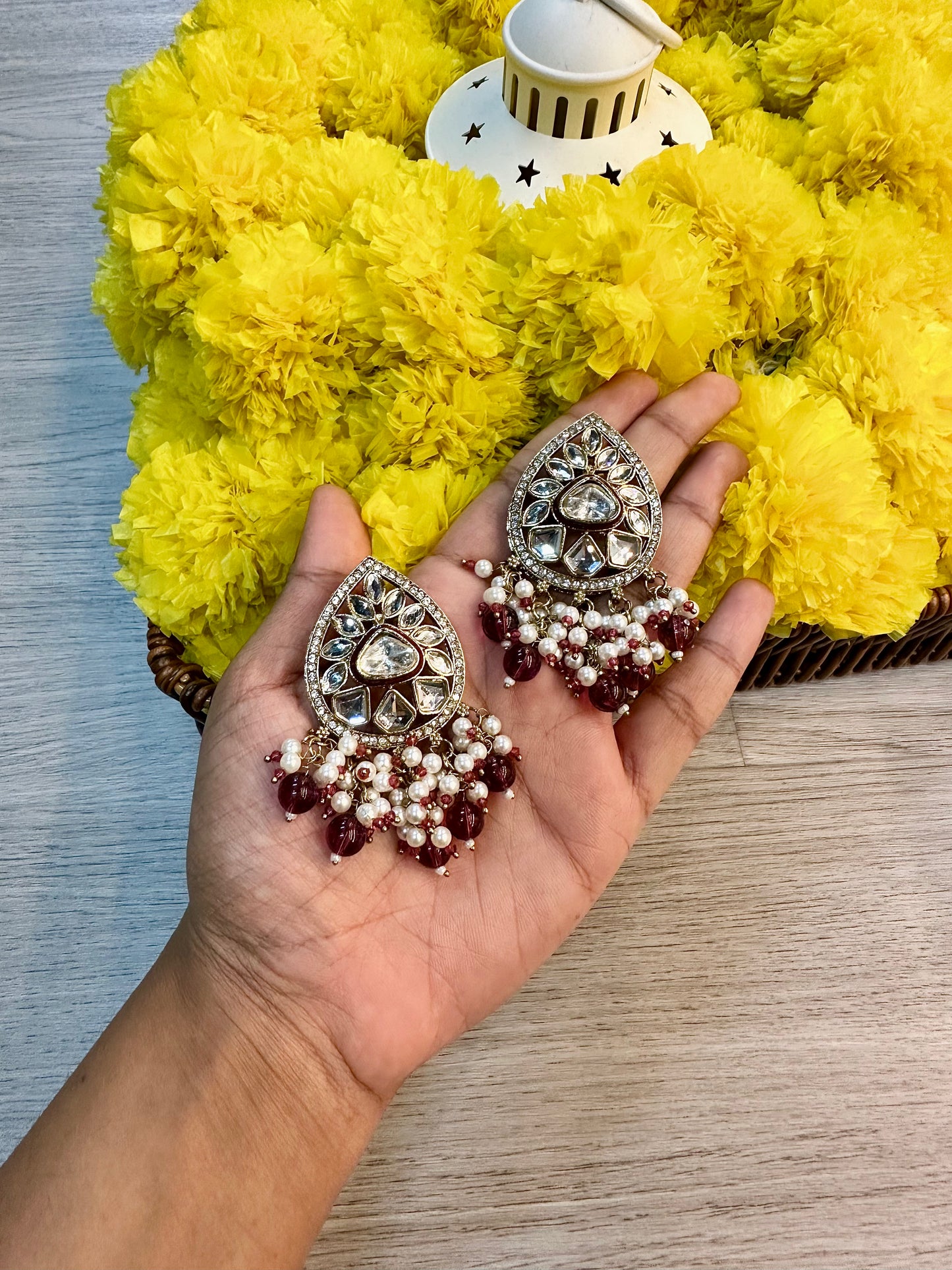 Maroon white stones earrings