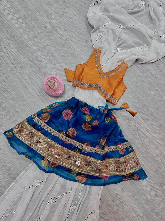 Teal blue x orange floral lehenga