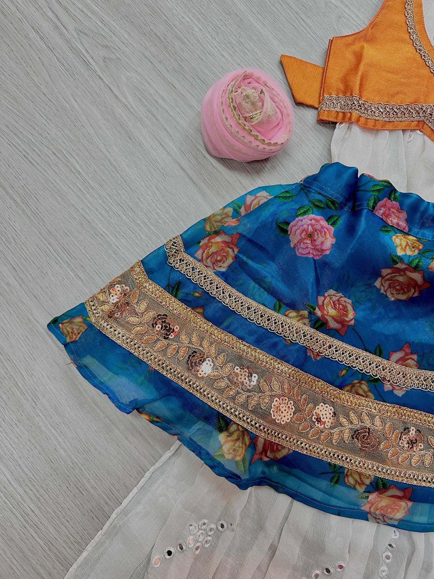 Teal blue x orange floral lehenga