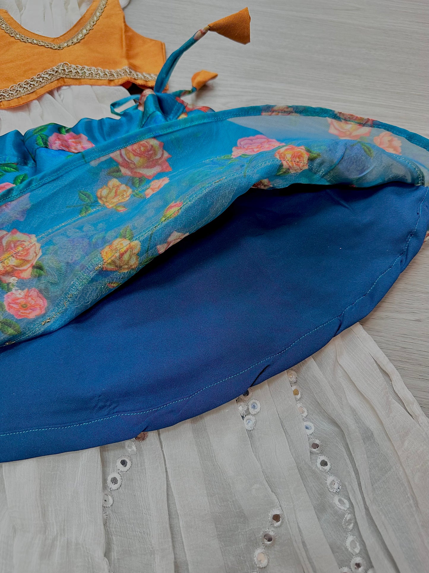 Teal blue x orange floral lehenga