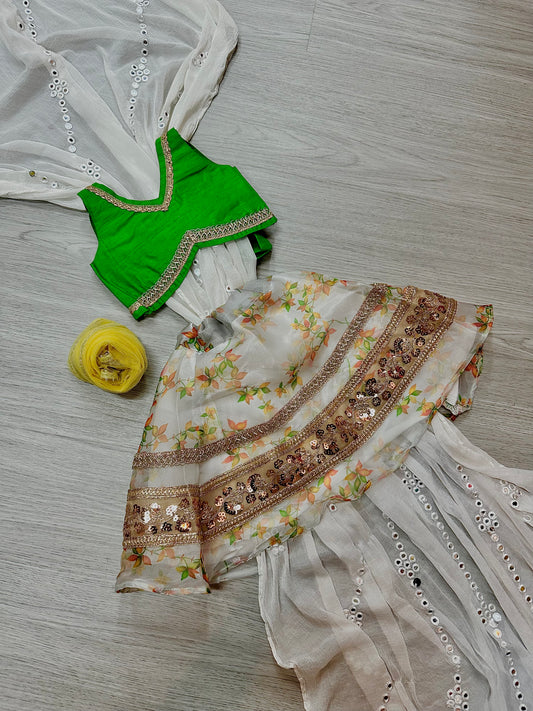 Green x white floral lehenga