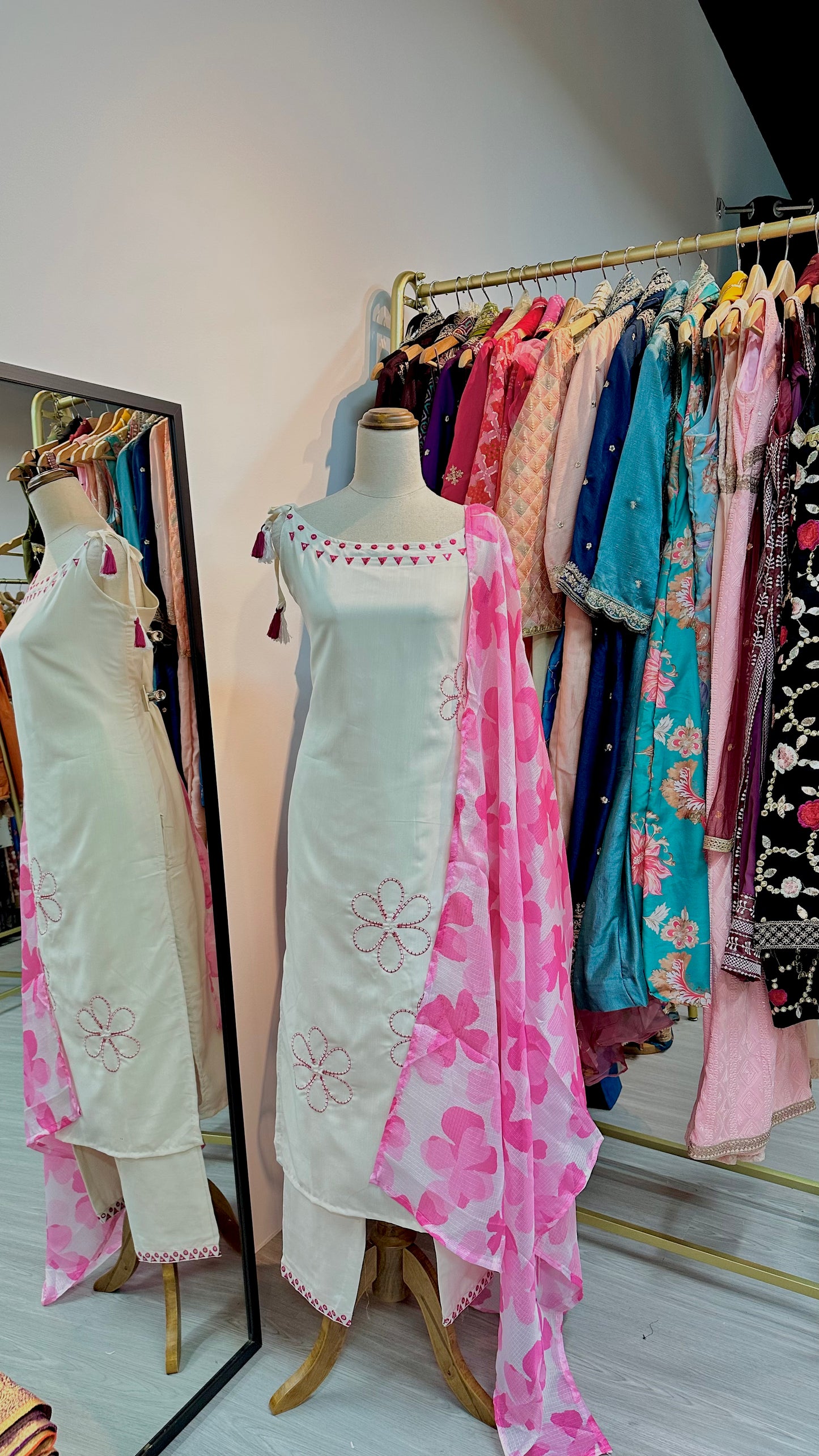 Hot pink white kurti set