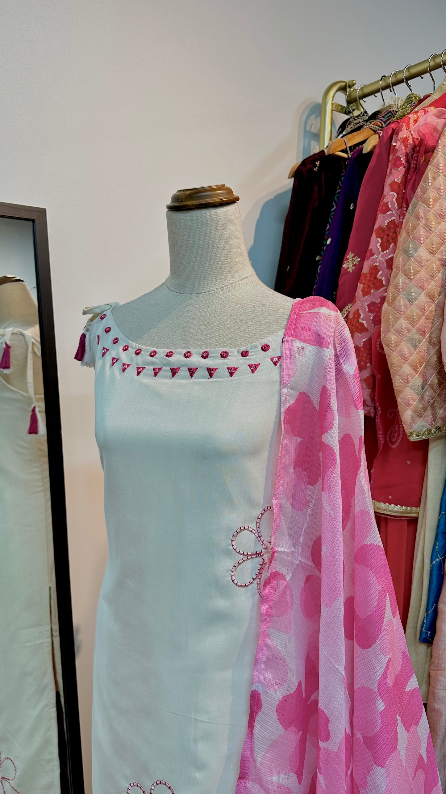 Hot pink white kurti set