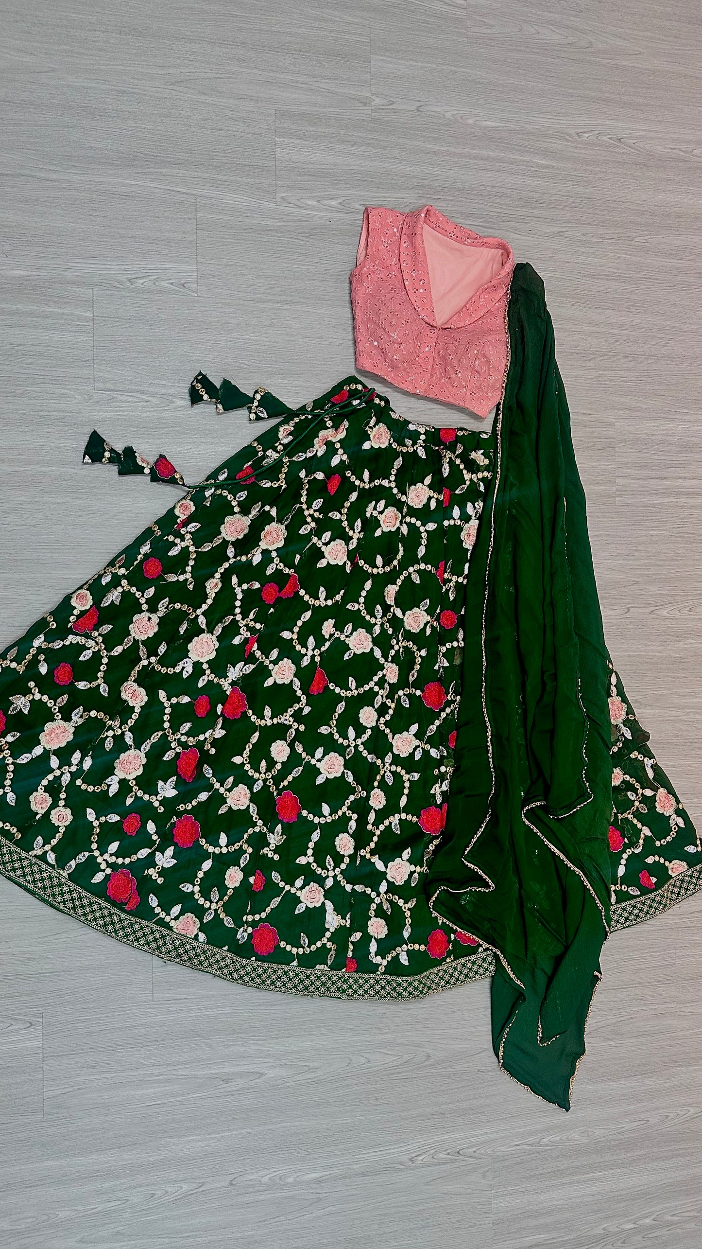 Peach x emerald lehenga