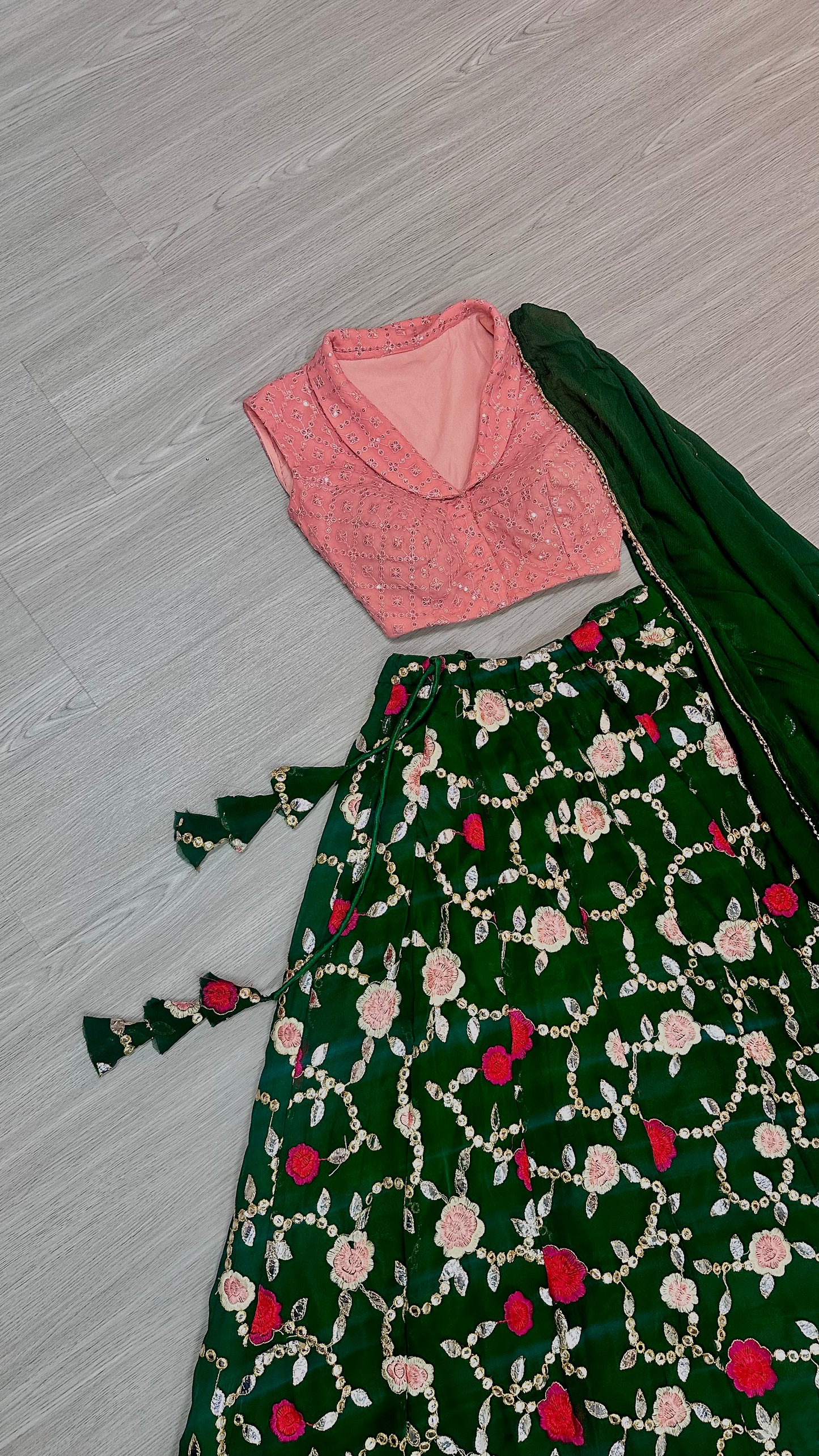 Peach x emerald lehenga