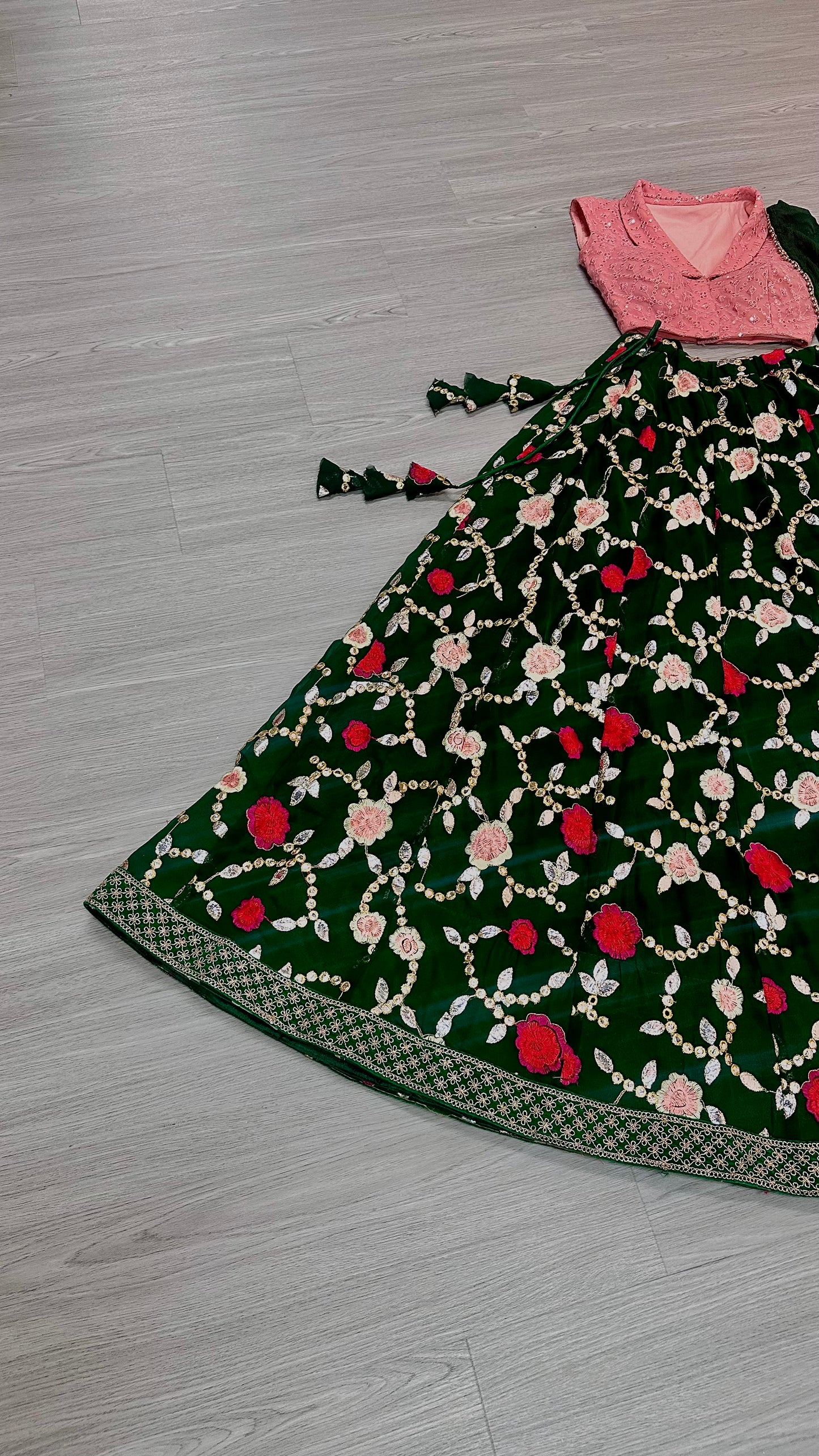 Peach x emerald lehenga