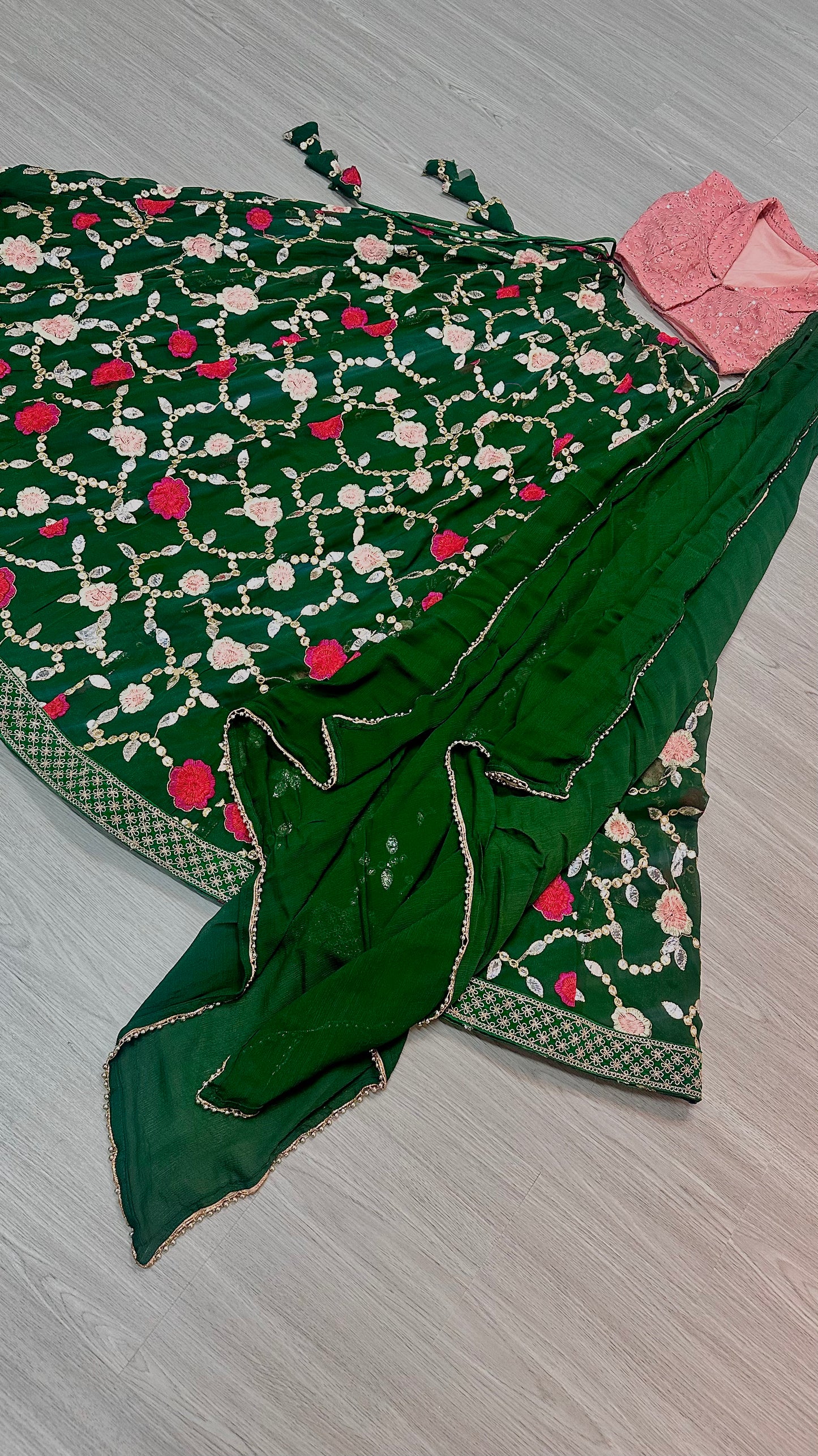 Peach x emerald lehenga