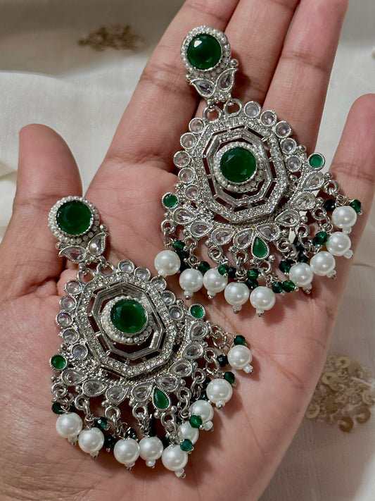 Emerald diamond cut silver earrings