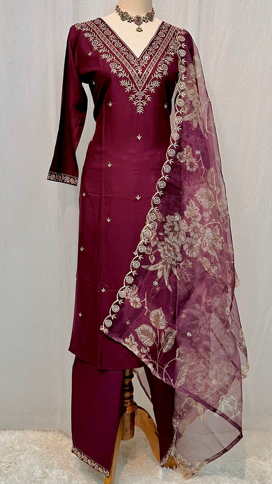 Maroon soft v-neck kurti set