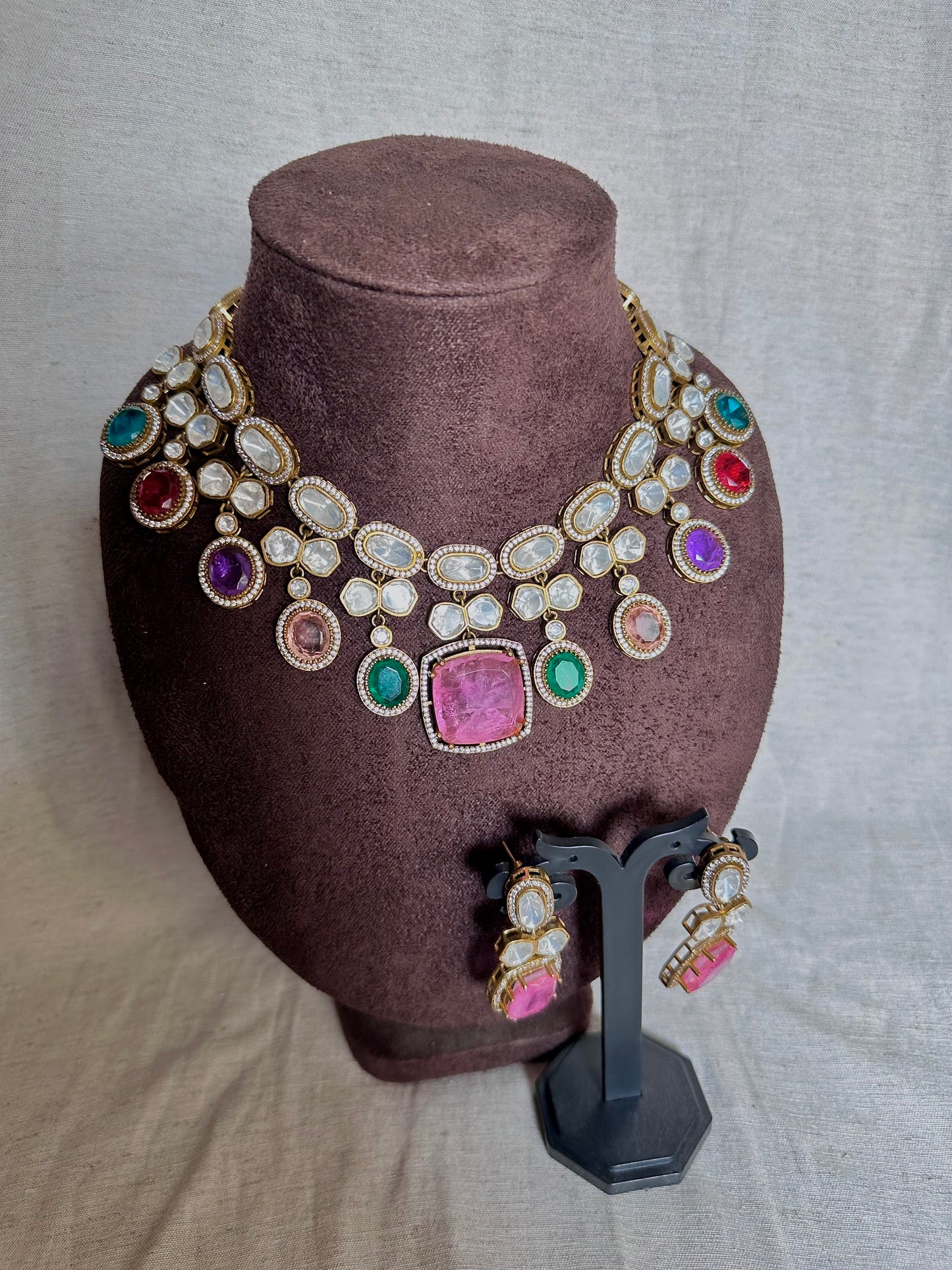 Premium pink pendant kundan multicolor choker set