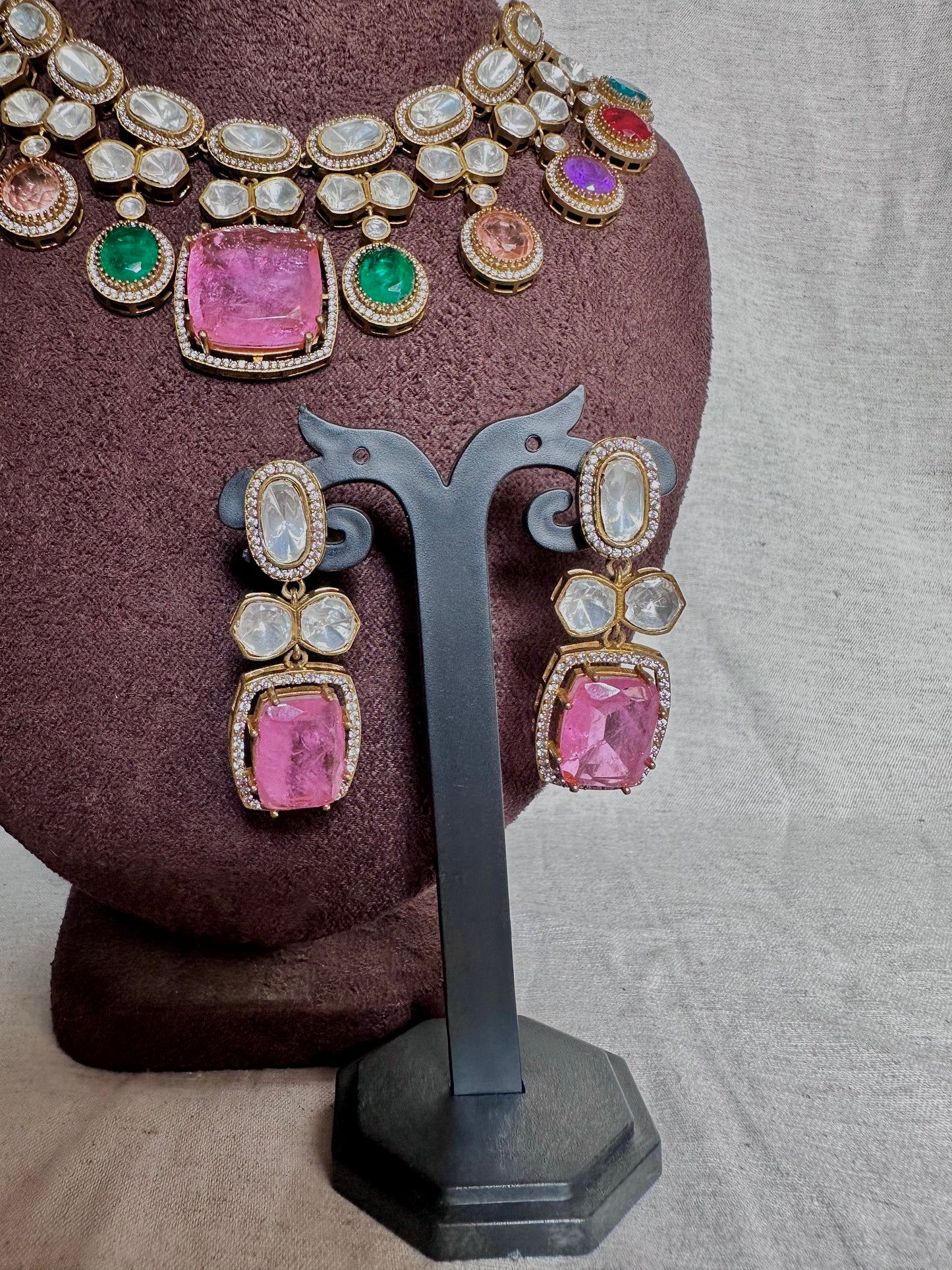 Premium pink pendant kundan multicolor choker set
