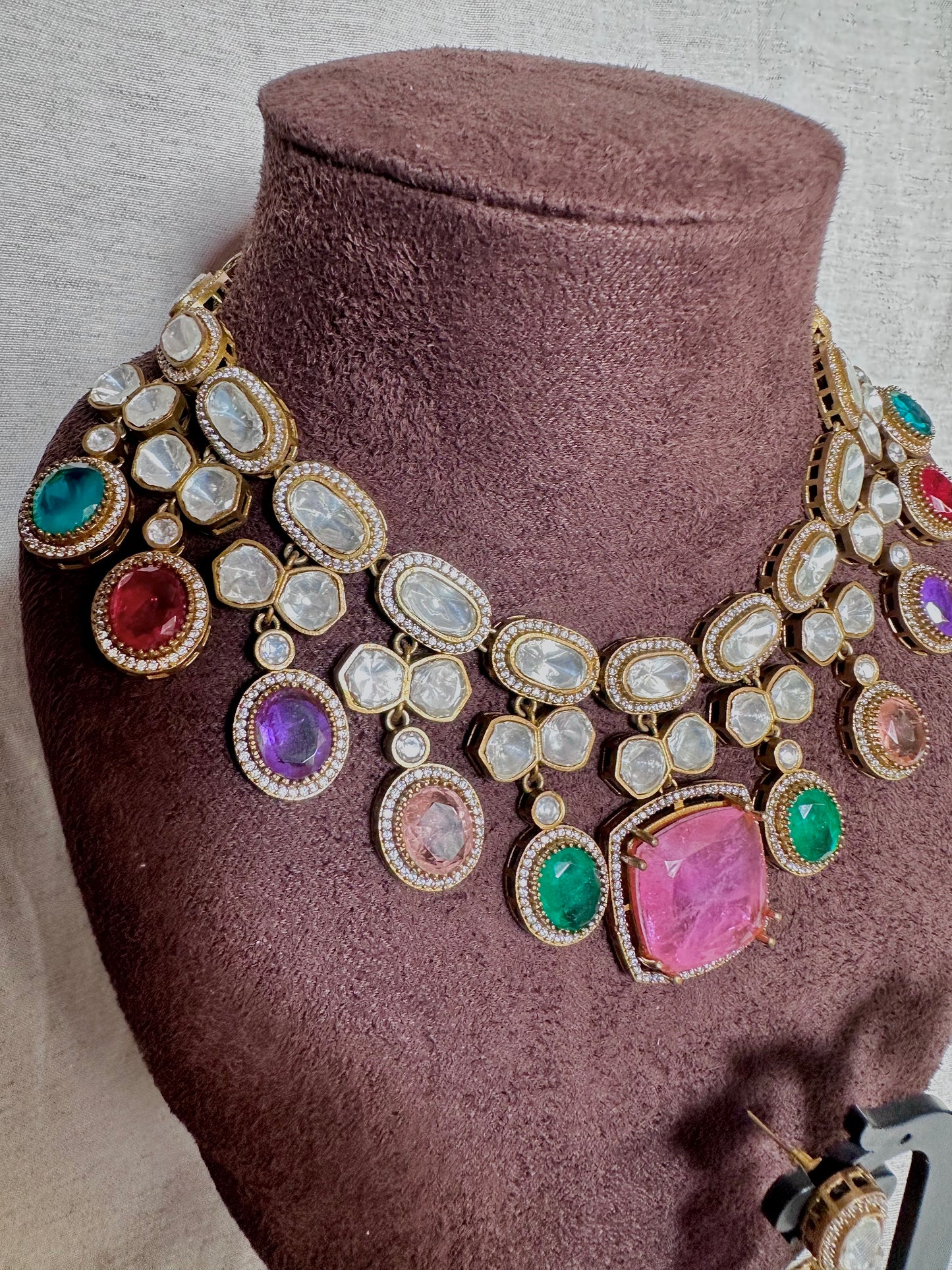 Premium pink pendant kundan multicolor choker set